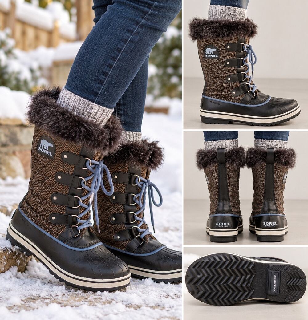 New SOREL Tofino Herringbone Boots Women 9.5 Brown Blue Waterproof Faux Fur #139